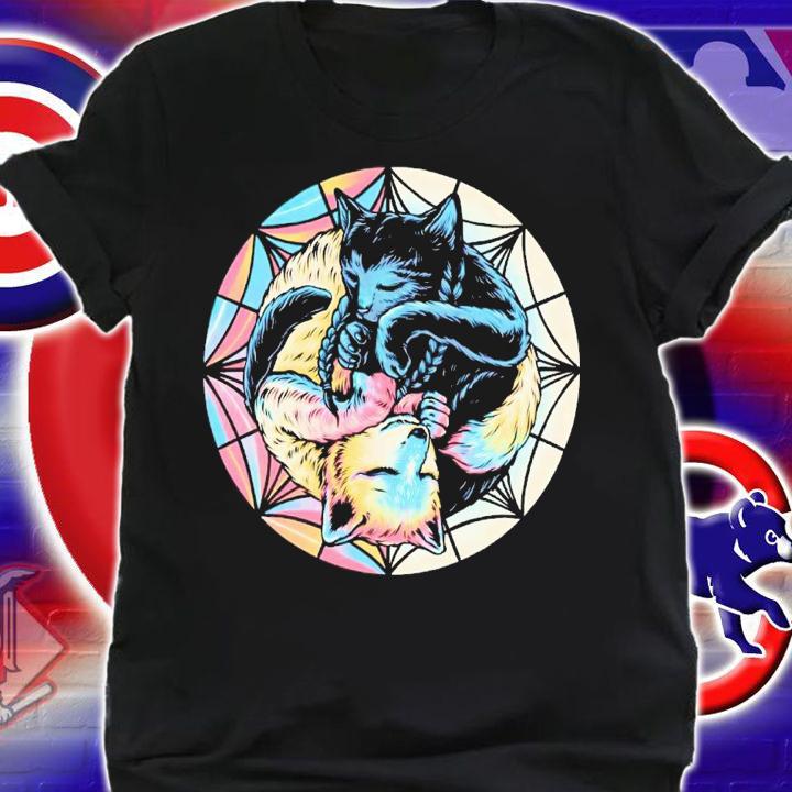 Black cat and colorful wolf shirt t-shirt shirt