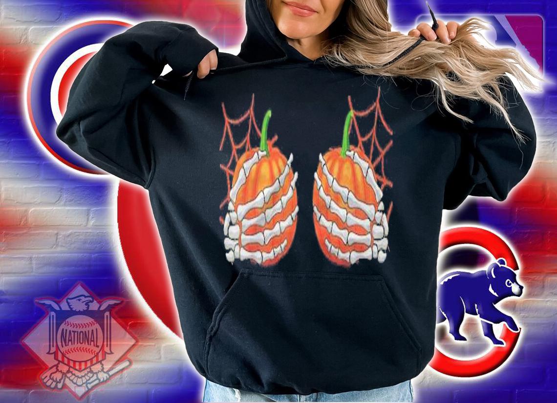 Halloween Womens Adult Skeleton Hands Holding Pumpkins Boobs T-shirt