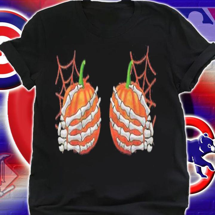 Halloween Womens Adult Skeleton Hands Holding Pumpkins Boobs T-shirt