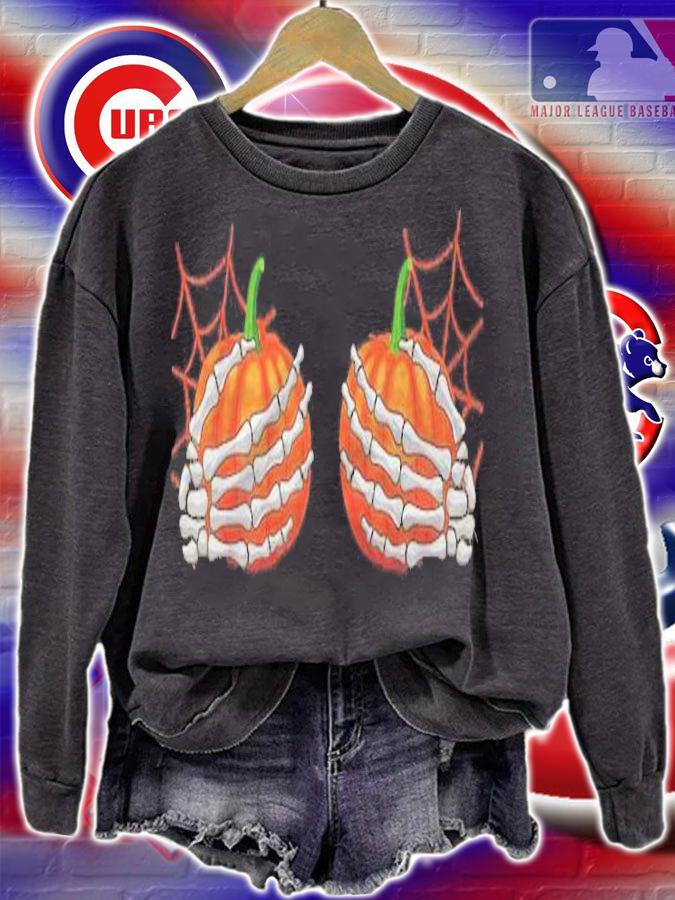 Halloween Womens Adult Skeleton Hands Holding Pumpkins Boobs T-shirt