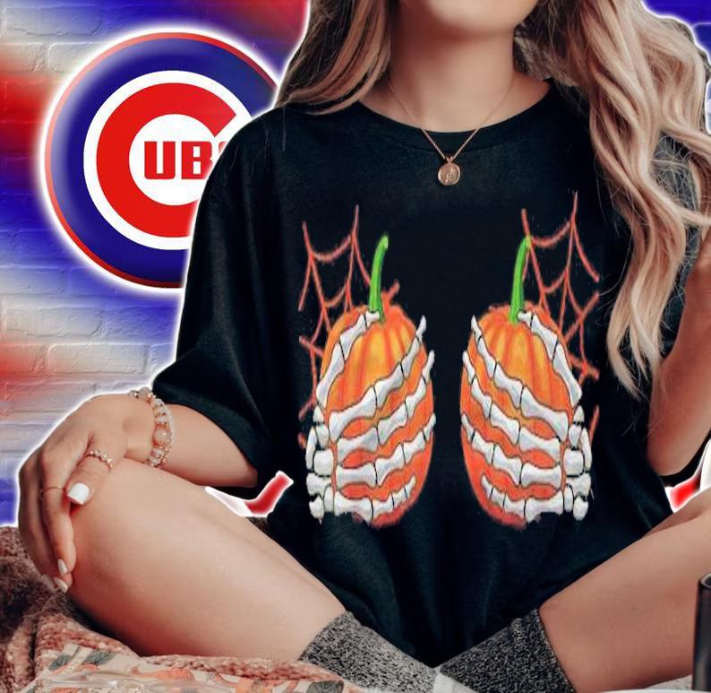 Halloween Womens Adult Skeleton Hands Holding Pumpkins Boobs T-shirt