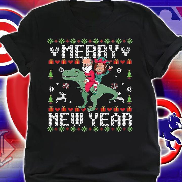 Funny Santa Joe Biden Happy New Year Ugly Christmas Dinosaur Riding T-Shirt shirt