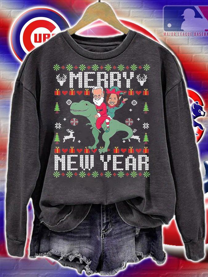Funny Santa Joe Biden Happy New Year Ugly Christmas Dinosaur Riding T-Shirt sweatshirt