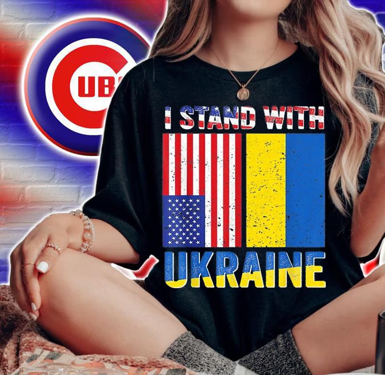 I Stand With Ukraine Support Ukrainian American USA Flag T-Shirt woman shirt