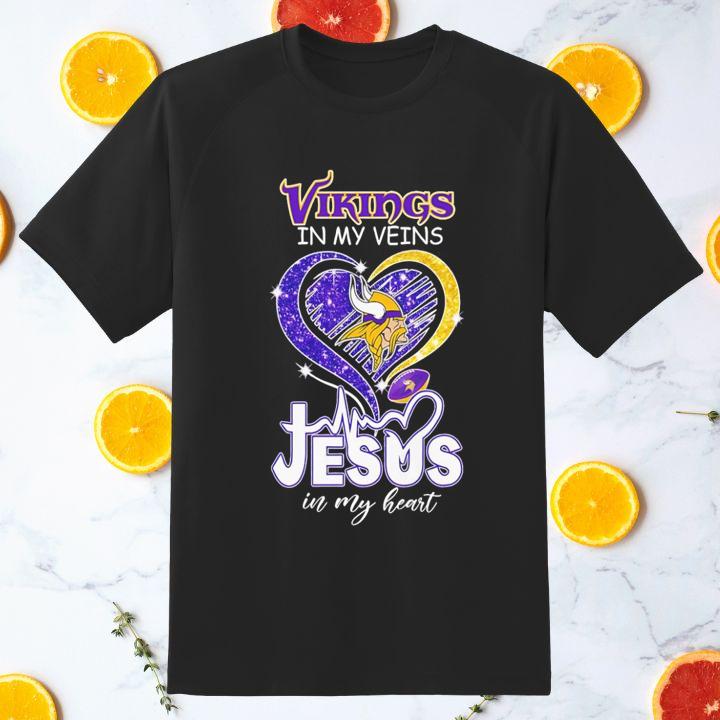 Official Love Minnesota Vikings In My Veins Jesus In My Heart Shirt