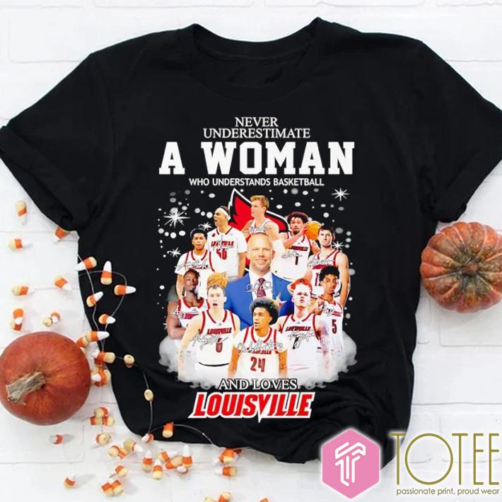 Never Underestimate A Woman Who Loves Louisville Basketball Coach & Players Signed T-Shirt
